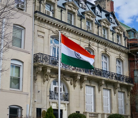 Indian Embassy in Washington DC, identifed by the nation's flag