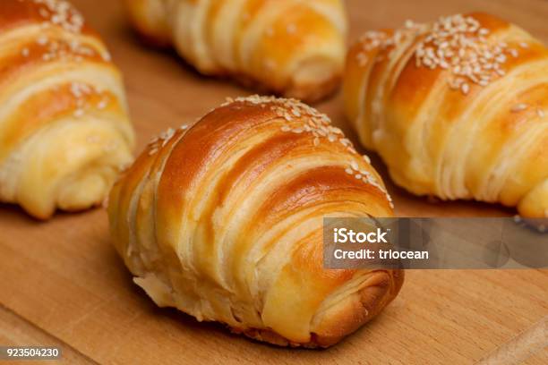 Freshly Baked Croissants On The Table Stock Photo - Download Image Now - Puff Pastry, Baked, Bakery