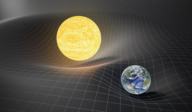 gravedad y la teoría general del concepto de relatividad. tierra y el sol en el spacetime torcido. 3d prestados ilustración. - general fotografías e imágenes de stock