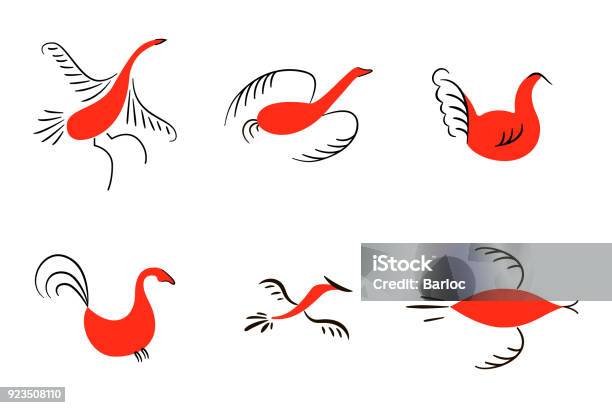 Set Of Six Red Birds National Northen Paintings Folk Handicrafts Enchanting Original Simplicity Flat Duck Goose Hen Fowl Cock Swan Stock Illustration - Download Image Now