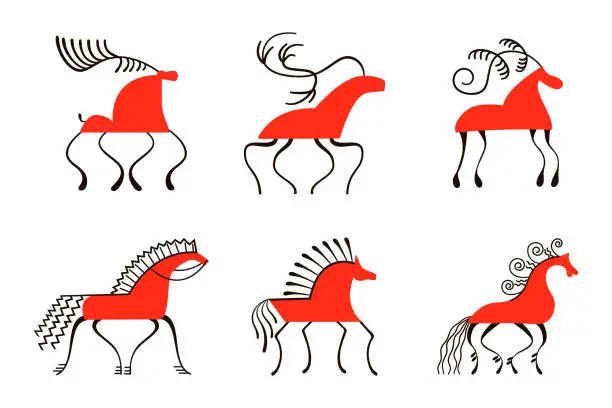 Vector illustration of Set of six red horses. National northen paintings. Folk handicrafts. Enchanting original ornaments. Simplicity. flat hackney, dobbin, mount, stallion, mare