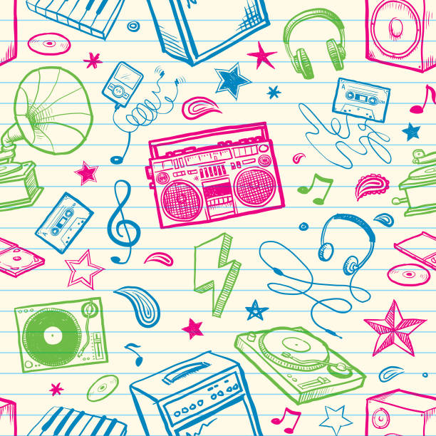 ilustrações de stock, clip art, desenhos animados e ícones de retro music background - mp3 player