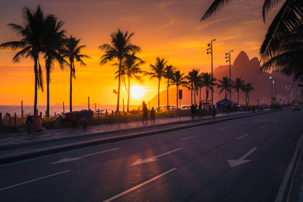 Sunset over Ipanema Beach with palms in Rio de Janeiro, Brazil Sunset over Ipanema Beach with Dois Irmaos mountains in Rio de Janeiro, Brazil. People walking by the beach. rio de janeiro stock pictures, royalty-free photos & images