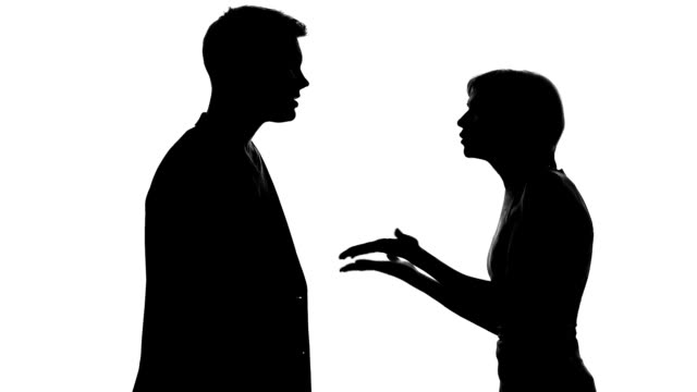 Boyfriend and girlfriend shouting each other, family quarrel, relations conflict