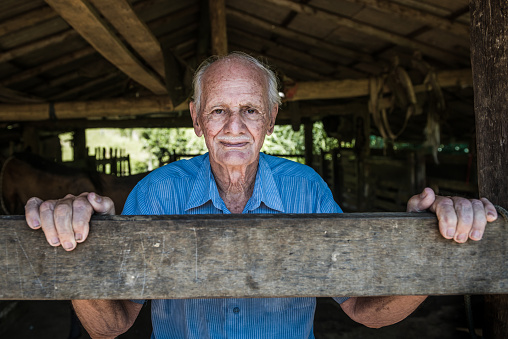 Portrait of an 80 year old Brazilian caucasian farmer.
