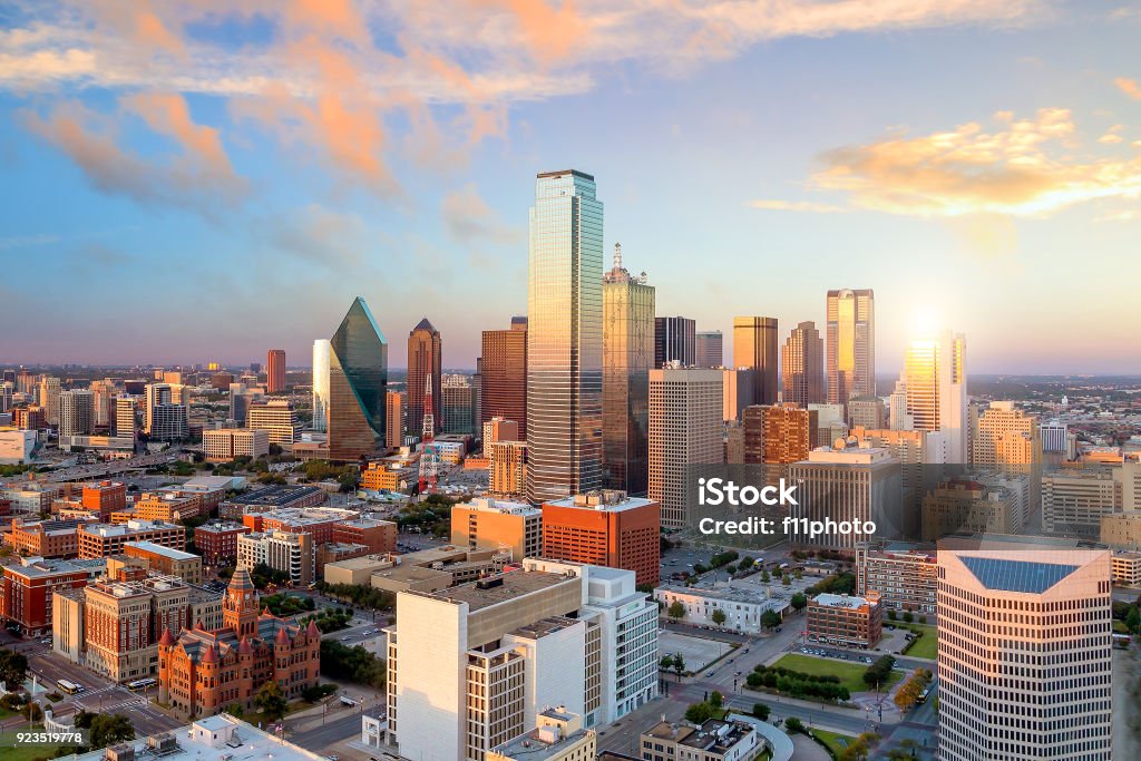 Dallas, Texas cityscape Dallas, Texas cityscape with blue sky at sunset, Texas Dallas - Texas Stock Photo