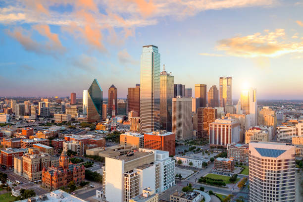Dallas, Texas cityscape Dallas, Texas cityscape with blue sky at sunset, Texas american architecture stock pictures, royalty-free photos & images