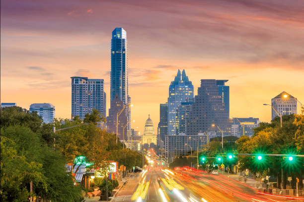 A View of the Skyline Austin A View of the Skyline Austin, Texas at twilight austin texas photos stock pictures, royalty-free photos & images