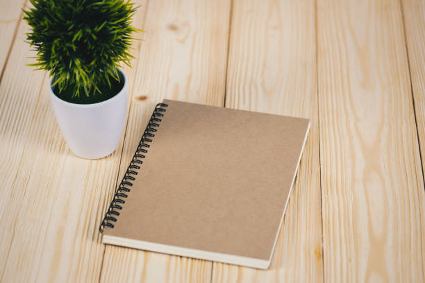 istock Little decorative tree in white vase and notebook with pen on wooden table. background. 923520094