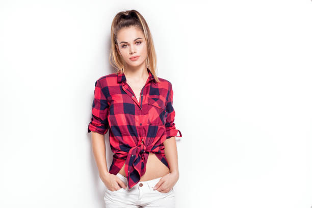 Pretty great blonde girl posing in studio