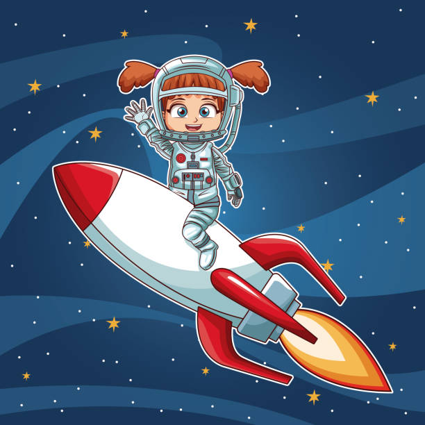 Girl on space with rocket cartoon Girl on space with rocket cartoon vector illustration graphic design childhood space party extreem weer stock illustrations