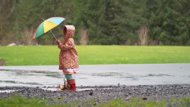 Young girl with umbrella playing in rain, slow motion