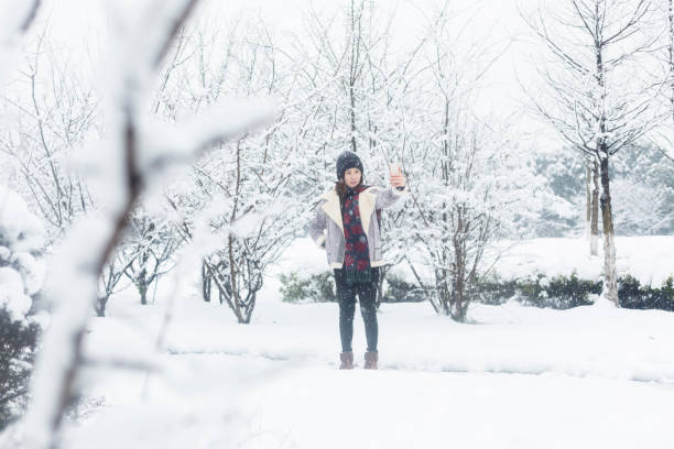 istock woman taking a selfie in snowy field 923542872
