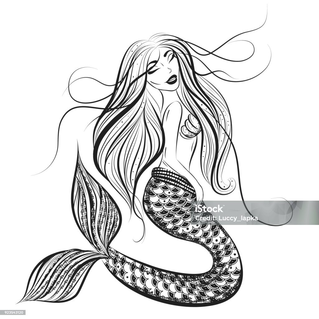 Boho hand drawn illustration of mermaid.Vintage, gypsy style. Adult stock vector