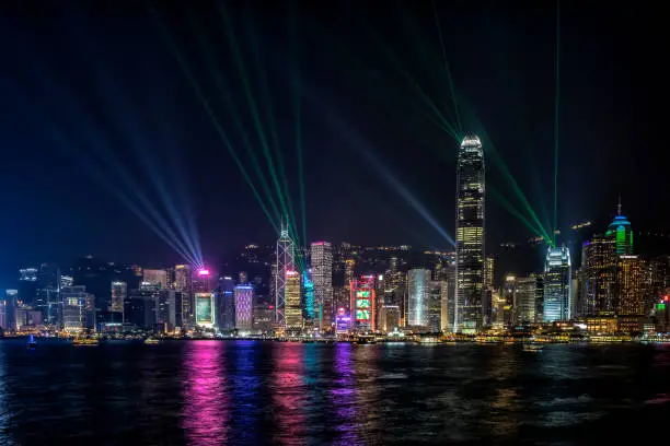 Photo of Hong Kong Central Business District at night with laser beam