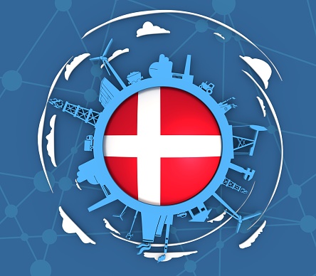 Circle with industry relative silhouettes. Objects located around the circle. Industrial design background. Flag of the Denmark in the center. 3D rendering