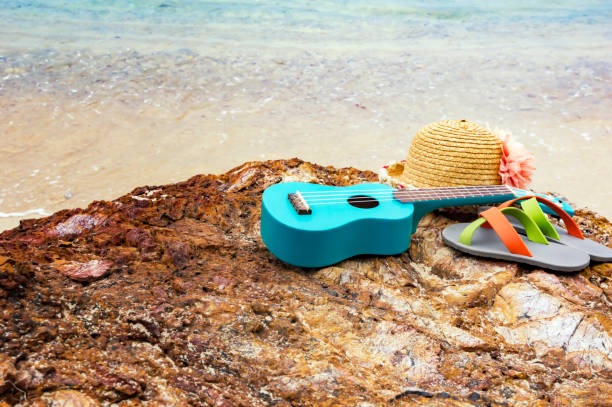 istock Women's accessories for the beach lying on the rock, with place for your text.Copy space. 923550180