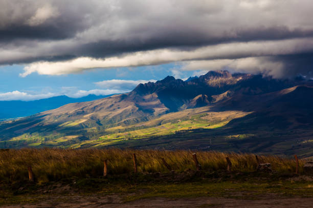 Andean Ecuadorian landscape, where you can see the relief, the fields and the peaks in contrasts of light
