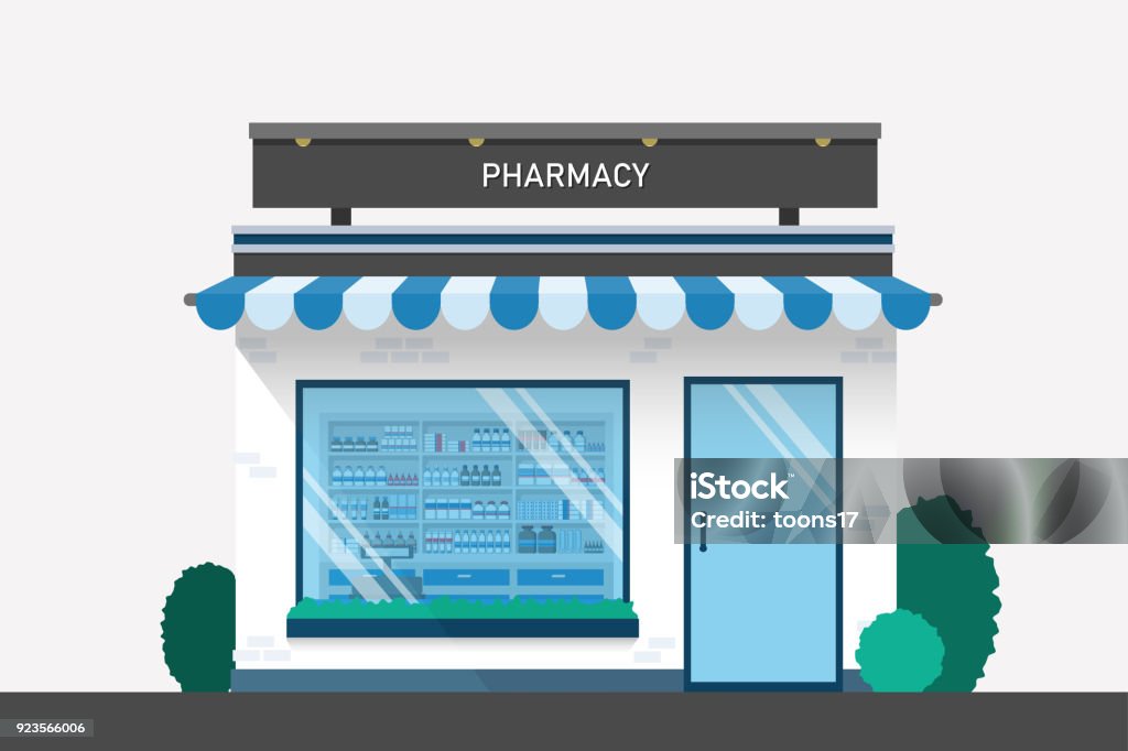Farmacia farmacia diseño drogas estantes y cajero mostrador diseño plano ilustración vector. - arte vectorial de Farmacia libre de derechos