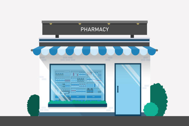 ilustrações de stock, clip art, desenhos animados e ícones de pharmacy drugstore design with drug shelves and cashier counter flat design illustration vector. - fachada loja