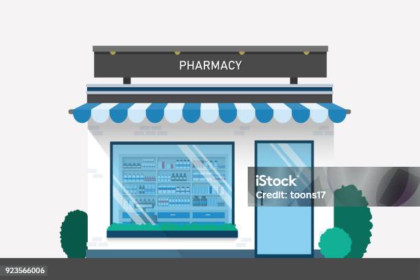 Pharmacy Drugstore Design With Drug Shelves And Cashier Counter Flat Design Illustration Vector Stock Illustration - Download Image Now