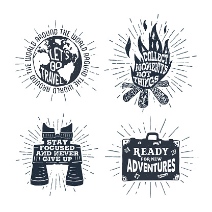 Hand drawn textured vintage labels set with globe, bonfire, binoculars, suitcase, and lettering vector illustrations.