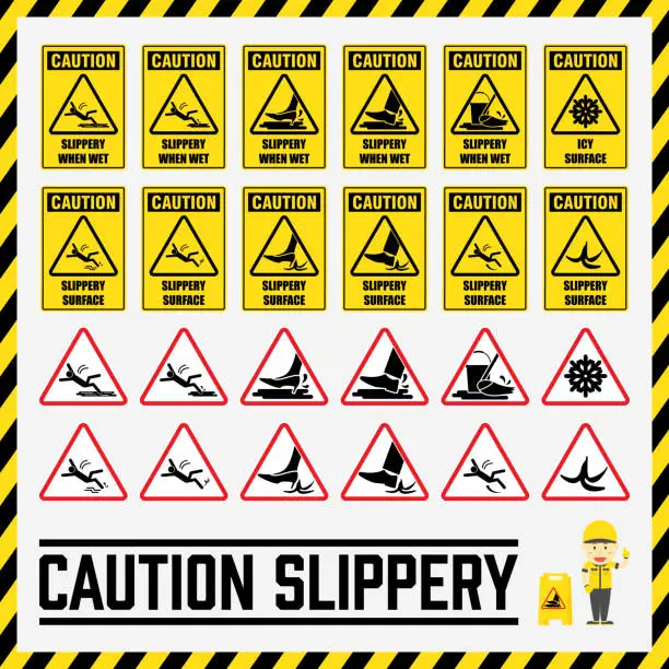 Vector illustration of Set of safety caution signs and symbols of the slippery surface, Labels and signs using for all slippery surfaces prevention.