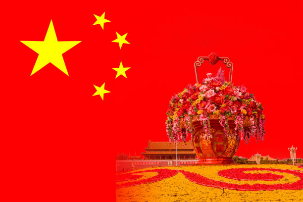 chinese national flag and the big flower basket - tiananmen square imagens e fotografias de stock