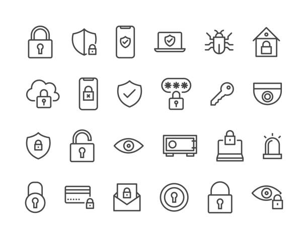 ilustrações de stock, clip art, desenhos animados e ícones de set of security related vector line icons. editable stroke. 48x48 pixel perfect. - lock icon