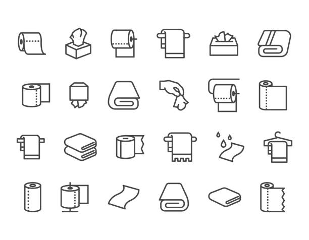 ilustrações de stock, clip art, desenhos animados e ícones de simple set of towels and napkins related vector line icons. contains such icons as wet towel, sanitary dispenser, toilet paper and more. editable stroke. 48x48 pixel perfect. - tissue