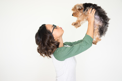 Closeup portrait of smiling young attractive woman raising Yorkshire terrier and sending him air kiss. Yorkshire terrier concept. Isolated side view on white background.