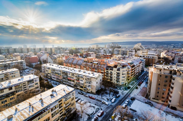 Panorama ot Varna city in a snowy dat, Bulgaria