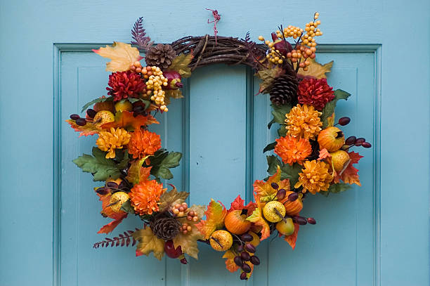 Thanksgiving wreath on a blue door stock photo