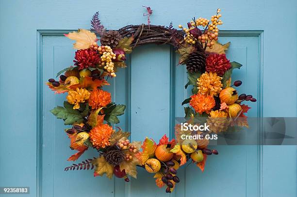 Thanksgiving Wreath On A Blue Door Stock Photo - Download Image Now - Autumn, Wreath, Thanksgiving - Holiday