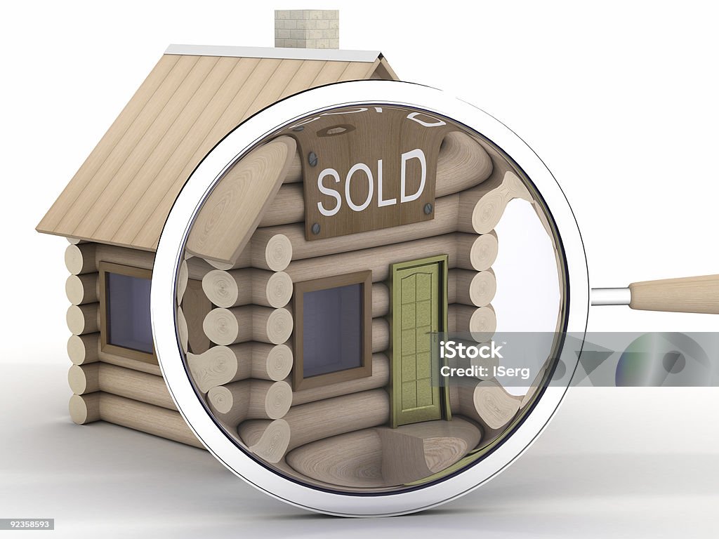 Wooden small house and magnifier. 3D image.  Accessibility Stock Photo