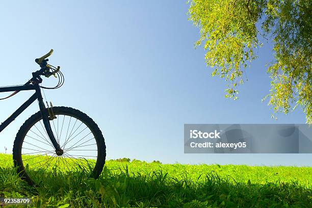 Silhouette Of Mountain Bike In Green Grass Field Stock Photo - Download Image Now - Activity, Bicycle, Color Image