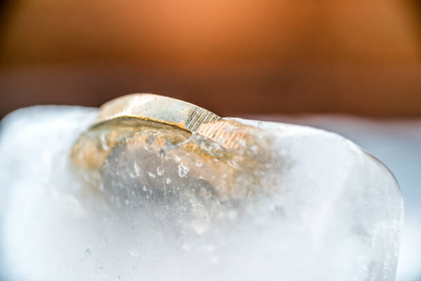 Frozen New British one pound sterling coin up close macro inside ice cubes.