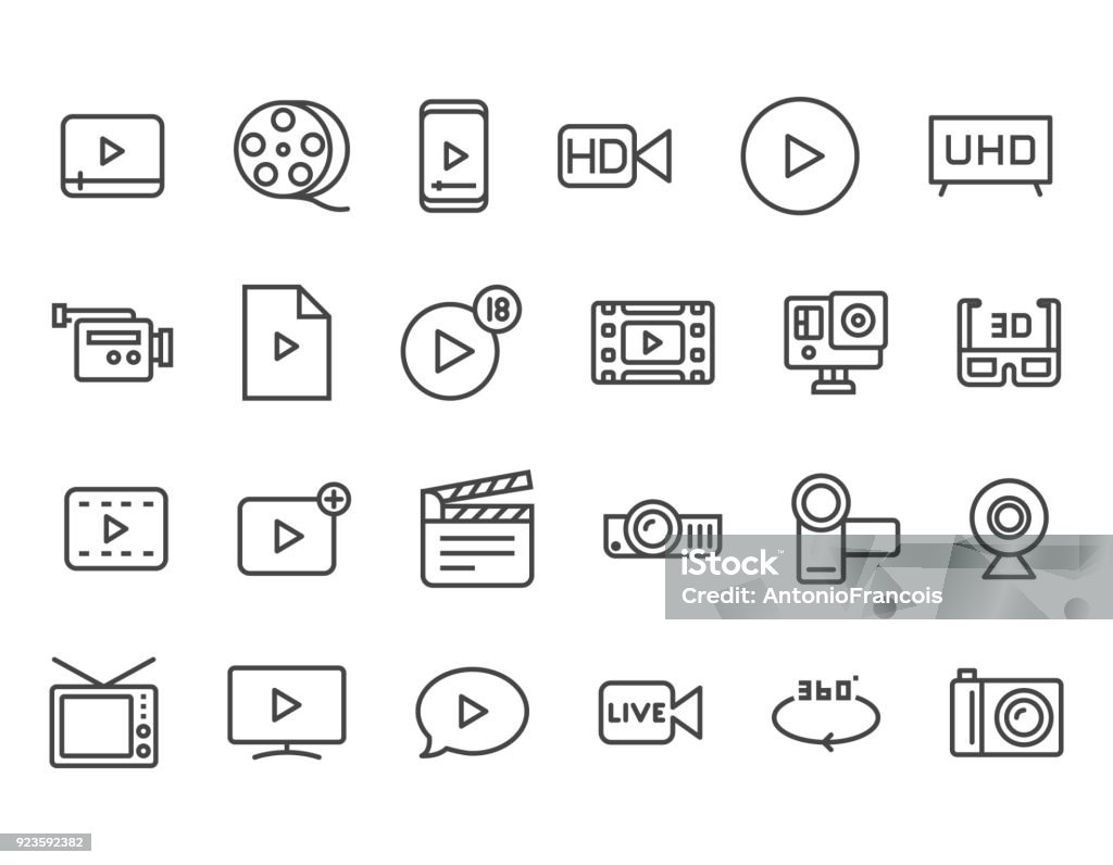 ビデオ関連ベクトル線アイコンのセットです。ビデオ テープ、プレゼンテーション、ストリーミングなどのアイコンが含まれています。編集可能なストローク。48 × 48 ピクセル パーフェクトな - アイコンのロイヤリティフリーベクトルアート