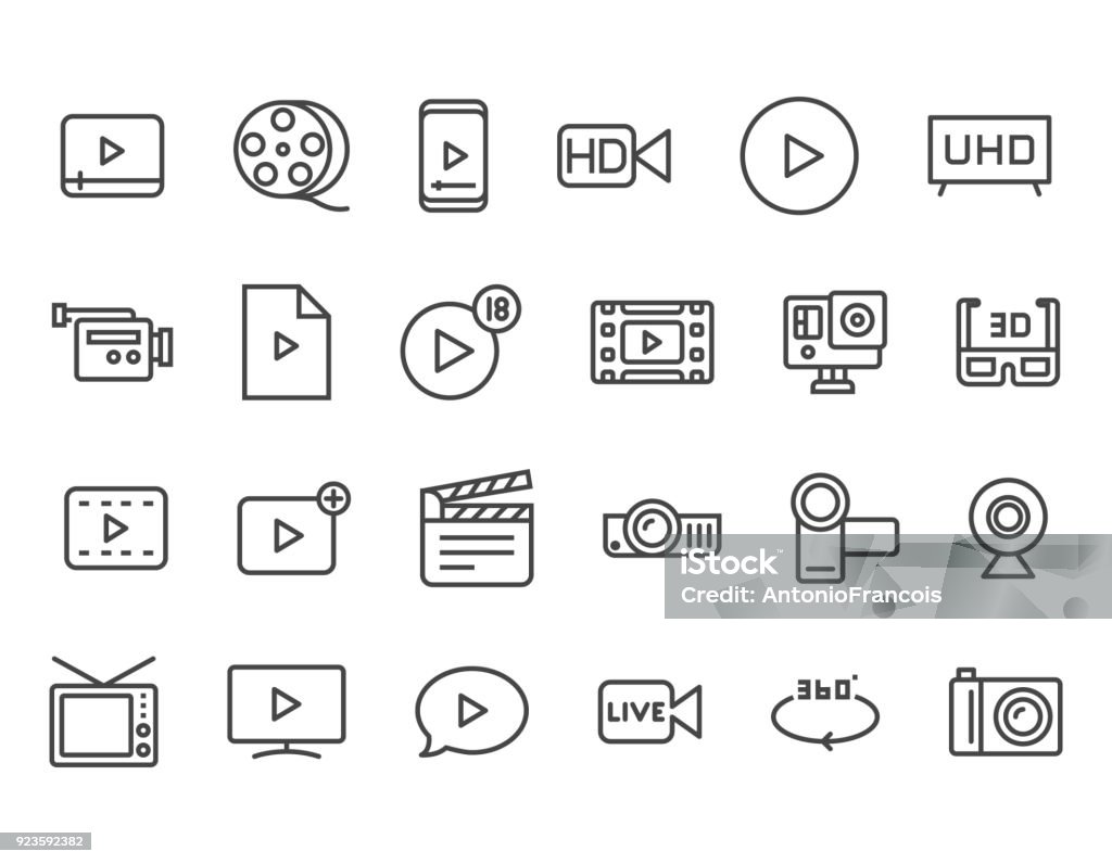 Set of Video Related Vector Line Icons. Contains such Icons as Video Tape, Presentation, Streaming. Editable Stroke. 48x48 Pixel Perfect eps 10 Icon Symbol stock vector