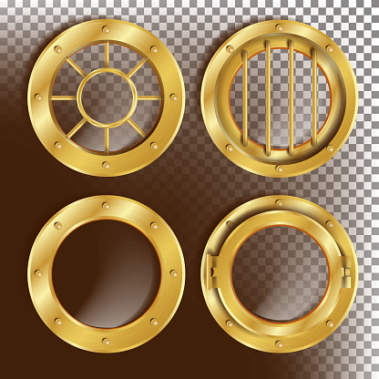 Porthole Vector. Round Golden Window With Rivets. Bathyscaphe Ship Metal Frame Design Element. For Aircraft, Submarines. Isolated On Transparent Background Illustration