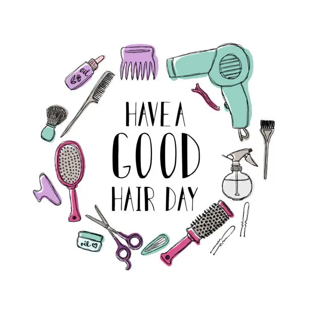 Vector illustration of Accessories for the hairdresser s. Motivational quote Have a good hair day