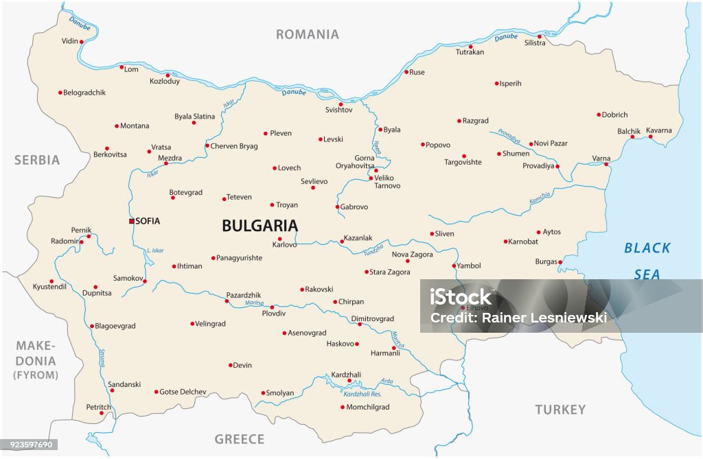 Mapa de Bulgaria con las principales ciudades y ríos - arte vectorial de Mapa libre de derechos