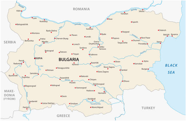 mapa bułgarii z głównymi miastami i rzekami - bulgaria map balkans cartography stock illustrations