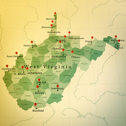3D Render of a Map of West Virginia with Straight Pins at the Position of important Cities. Vintage Color Style. Very high resolution available!\n\nAll source data is in the public domain.\nhttp://www.naturalearthdata.com/about/terms-of-use/\nMade with Natural Earth: Internal Administrative Boundaries, Populated Places\nhttp://www.naturalearthdata.com/downloads/10m-cultural-vectors/