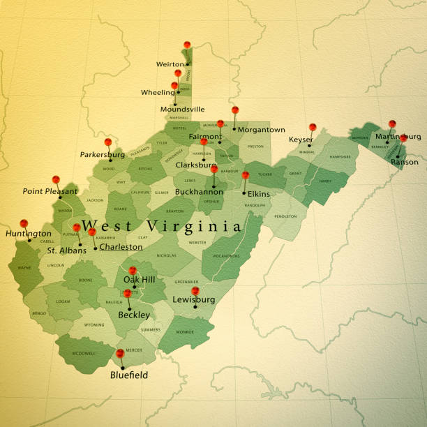 West Virginia Map Square Cities Straight Pin Vintage 3D Render of a Map of West Virginia with Straight Pins at the Position of important Cities. Vintage Color Style. Very high resolution available!

All source data is in the public domain.
http://www.naturalearthdata.com/about/terms-of-use/
Made with Natural Earth: Internal Administrative Boundaries, Populated Places
http://www.naturalearthdata.com/downloads/10m-cultural-vectors/ west virginia us state stock pictures, royalty-free photos & images