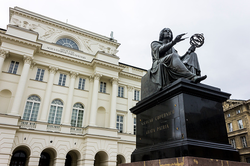 Monument to Polish astronomer Nicolaus Copernicus, standing before the Staszic Palace, seat of the Polish Academy of Sciences. Warsaw, Poland