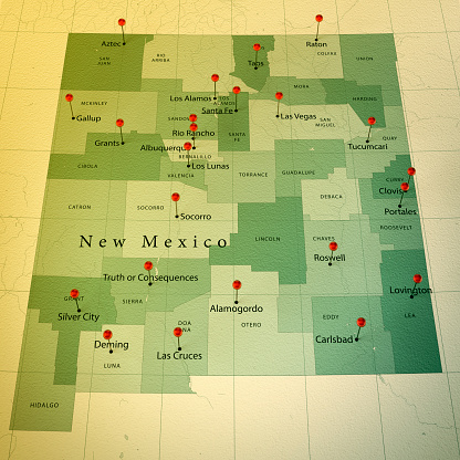 3D Render of a Map of New Mexico with Straight Pins at the Position of important Cities. Vintage Color Style. Very high resolution available!\n\nAll source data is in the public domain.\nhttp://www.naturalearthdata.com/about/terms-of-use/\nMade with Natural Earth: Internal Administrative Boundaries, Populated Places\nhttp://www.naturalearthdata.com/downloads/10m-cultural-vectors/