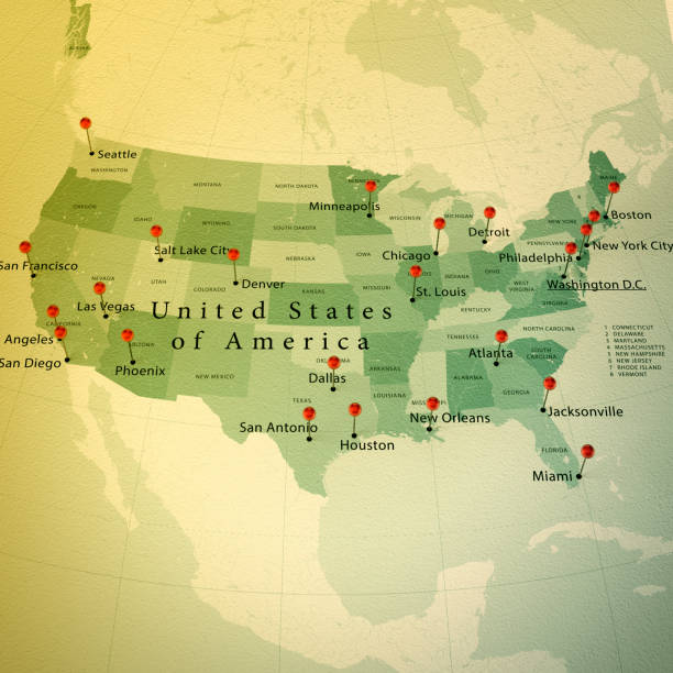 アメリカ地図広場都市まっすぐなピン ヴィンテージ - map eastern usa new york city boston ストックフォトと画像