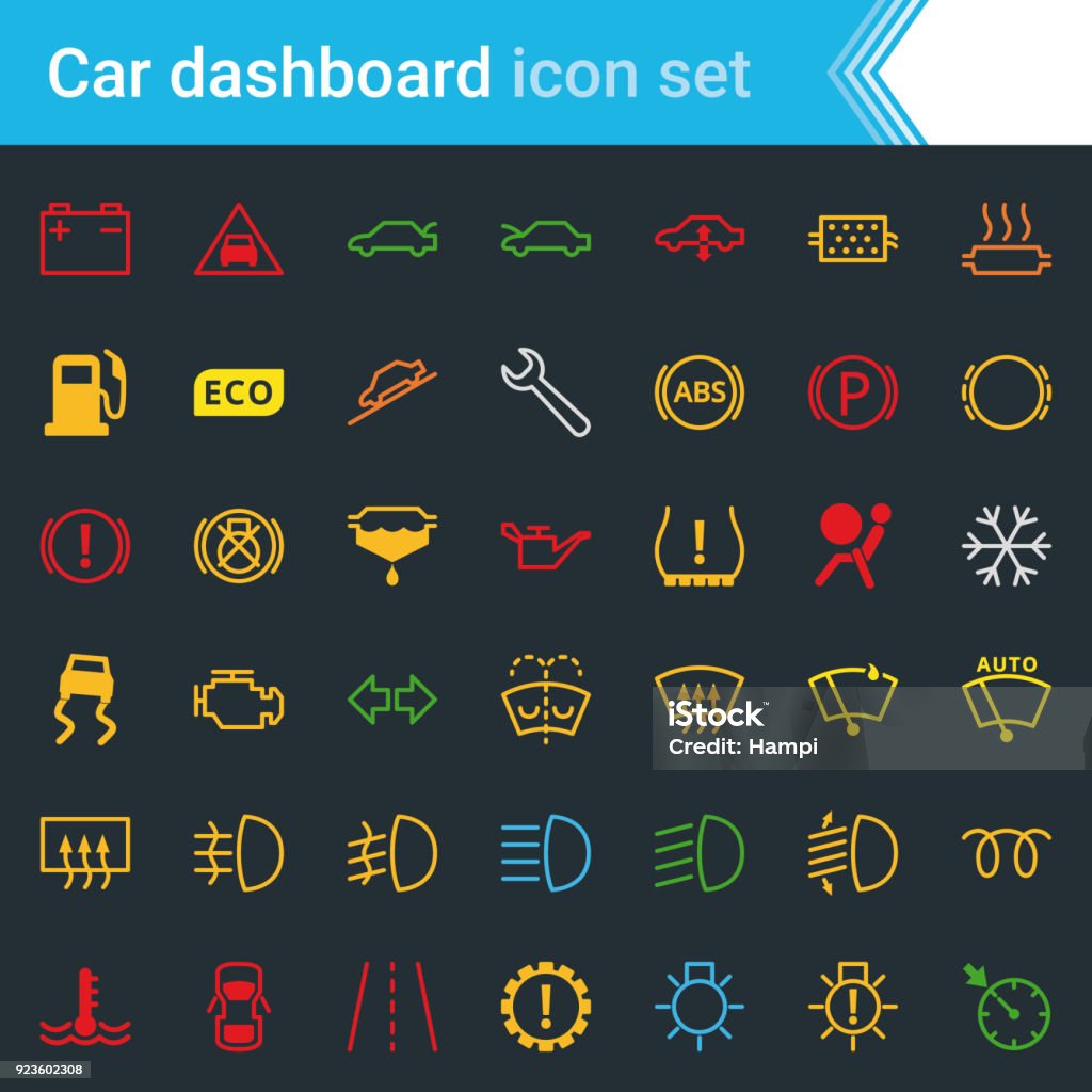 Colorful car dashboard interface and indicators icon set - service maintenance vector symbols Complete colorful vector set of car dashboard, indicators and service maintenance icons, isolated on dark background Car stock vector