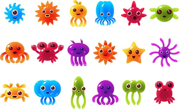 Vector illustration of Cute cute seta creatures sett with different emotions, colorful glossy underwater animals characters with funny faces vector Illustrations